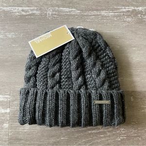 Michael Kors Fleece Lined Cable Knit Beanie Hat - Heathered Dark Grey